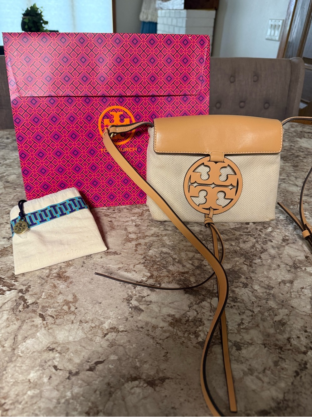 Tory Burch Miller Canvas & Leather Crossbody Bag w/ Tassel & Emblem Natural